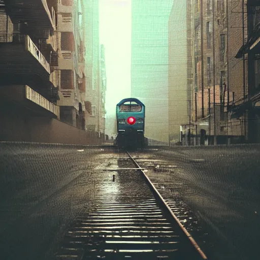 Image similar to 1990s perfect 8K HD professional cinematic photo of a train in dystopian city, at evening during rain, at instagram, Behance, Adobe Lightroom, with instagram filters, depth of field, taken with polaroid kodak portra