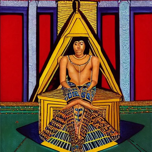 Image similar to a high priestess sitting cross - legged in front of a golden pyramid, by abdul mati klarwein