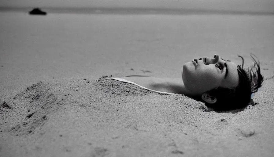 Image similar to 1 9 6 0 s movie still close up of regulus'face with the eyes sew wide open, his body buried in the sand, cinestill 8 0 0 t 3 5 mm b & w, high quality, heavy grain, high detail, texture, dramatic light, anamorphic, hyperrealistic, detailed hair