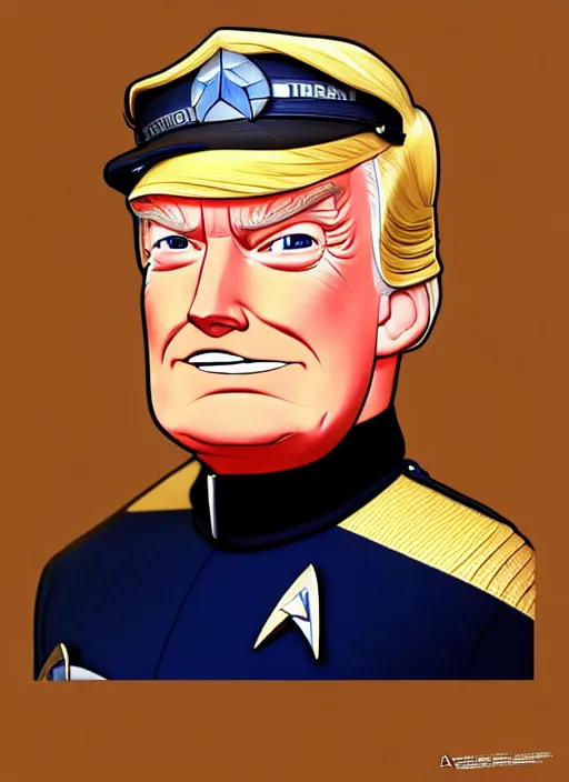 Image similar to cute star trek officer donald trump, natural lighting, path traced, highly detailed, high quality, digital painting, by don bluth and ross tran and studio ghibli and alphonse mucha, artgerm