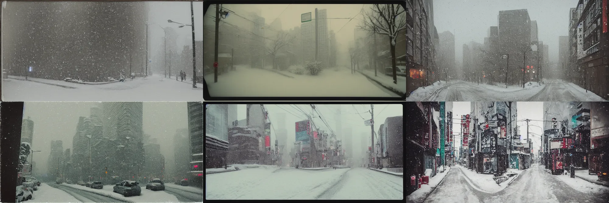 Prompt: atmospheric polaroid photograph of a snowy tokyo street