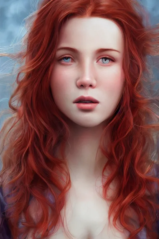 Prompt: ultra realistic style illustration of a beautiful cute red haired joyful and playful 1 9 year old girl, full portrait, long hair, sci - fi, fantasy, intricate, elegant, digital painting, artstation, concept art, smooth, sharp focus, 8 k frostbite 3 engine, ultra detailed, art by artgerm and greg rutkowski and magali villeneuve