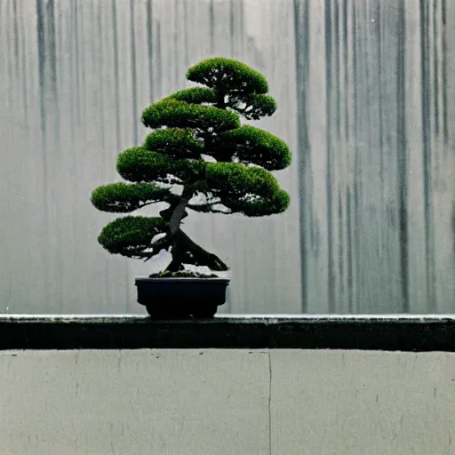 Image similar to photo of a bonsai tree on the ledge of a house in tokyo, japan, overcast, raining, disposable camera