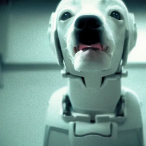 Image similar to movie still of dog robot white swiss shepperd, cinematic composition, cinematic light, criterion collection, by edgar wright