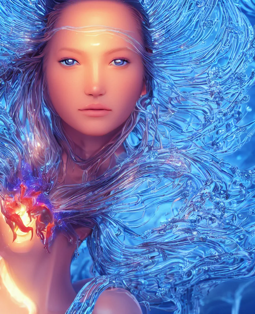 Image similar to close-up macro portrait of the face of a beautiful princess, epic angle and pose, symmetrical artwork, 3d with depth of field, blurred background, cybernetic jellyfish female face skull phoenix bird, translucent, nautilus, energy flows of water and fire. a highly detailed epic cinematic concept art CG render. made in Maya, Blender and Photoshop, octane render, excellent composition, cinematic dystopian brutalist atmosphere, dynamic dramatic cinematic lighting, aesthetic, very inspirational, arthouse. y Greg Rutkowski, Ilya Kuvshinov, WLOP, Stanley Artgerm Lau, Ruan Jia and Fenghua Zhong