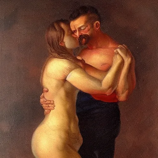 Prompt: an muscular man hugging a woman, fine painting, victorian