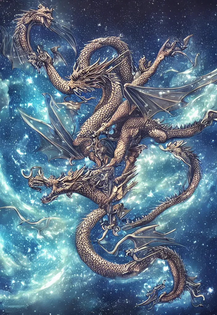 Image similar to hyper-realistic symmetric dragon made of water with wings made of stars in space, holding the earth