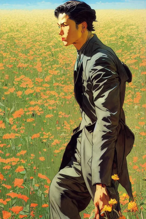 Prompt: attractive young thug in flower field, painting by j. c. leyendecker, yoji shinkawa, katayama bokuyo