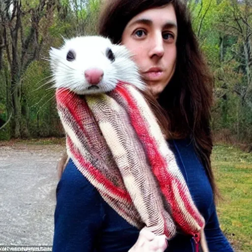 Prompt: long ferret like a scarf, wrapped up comfortably, living animal on your shoulders