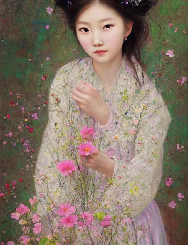 Image similar to flower girl, wonderful eyes, her loose hair, delicate, intricate details, a real masterpiece, oil on canvas, author li zhang