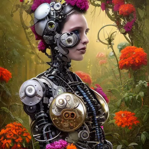 Image similar to a beautiful intricate fine art portrait photo of a farewell moment between a mechanical industrial steampunk cybernetic robot and a human overgrown with colorful flowers and leaves by tom bagshaw and zach sutton, golden ratio composition, studio lighting, 50mm lens, very detailed, bionic, cybernetic scifi, deep depth of field, artstation, 8K, highly coherent