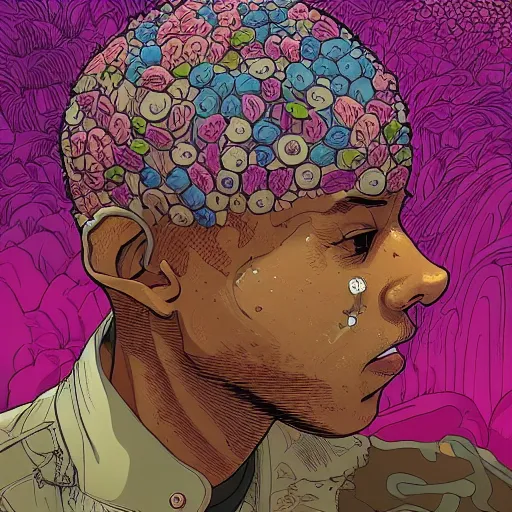 Image similar to hyper detailed comic illustration of a beautiful flower growing out of the head of a young mixed race explorer\'s head, by Josan Gonzalez and Geof Darrow, highly detailed, 8k wallpaper