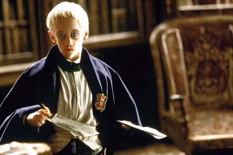 Prompt: film still Macaulay Culkin as Draco Malfoy wearing hogwarts uniform in Harry Potter movie