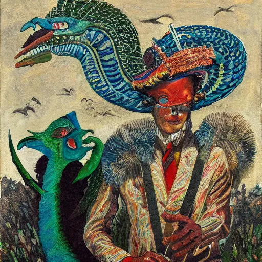 Image similar to high quality, high detail painting, dutch masterpiece, fluxus, blu, film noir, william s burroughs, high garden scene with quetzalcoatl at night, hd, muted lighting