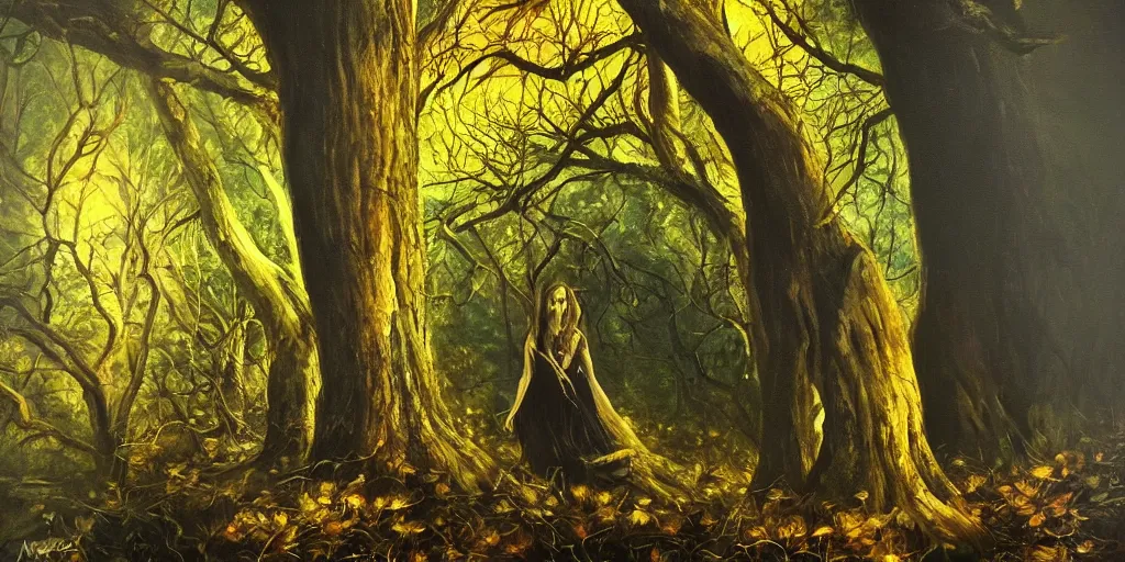 Image similar to Mavka, the mythological spirit of the forest, hiding behind trees in the dark, glowing eyes, oil painting, dramatic lighting, smooth, sharp focus, extremely detailed, exquisite