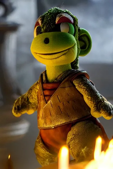 Image similar to very very intricate photorealistic photo of yoshi in an episode of game of thrones, photo is in focus with detailed atmospheric lighting, award - winning details