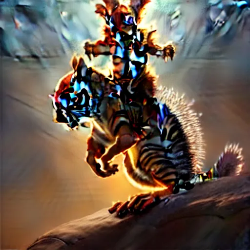 Prompt: Squirrel knight riding tiger, magic the gathering artwork, D&D, fantasy, cinematic lighting, centered, symmetrical, highly detailed, digital painting, artstation, concept art, smooth, sharp focus, illustration, volumetric lighting, epic Composition, 8k, art by Akihiko Yoshida and Greg Rutkowski and Craig Mullins, oil painting, cgsociety