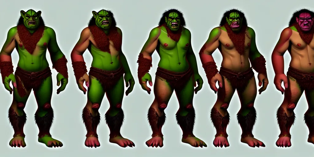 Image similar to different views of orcs, colourful intricate!! concept art by senior character artist, trending on artstation, full body character design