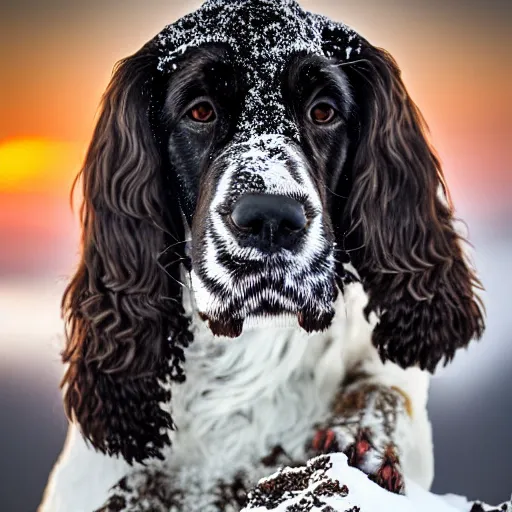 Prompt: a english cocker spaniel on a snowy mountain, photo realistic, well detailed, with a sunset