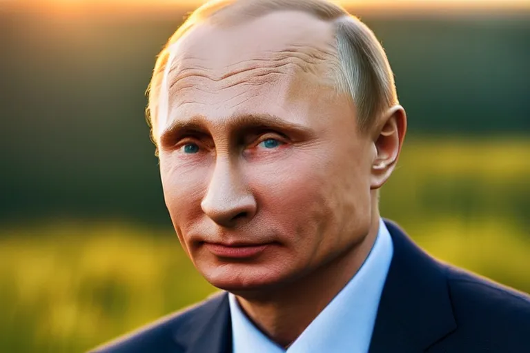 Prompt: a highly detailed cinematic headshot portrait photograph of a bright and cheerful vladimir putin stood in a field, golden hour, ultra realistic, depth, beautiful lighting, by annie leibovitz, hasselblad, 1 0 0 mm, bokeh, photorealistic, hyperrealistic, octane, masterpiece