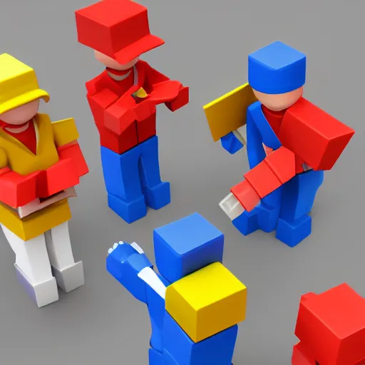 Image similar to high quality 3d render of block figures looking like roblox figures helping each other, bright and fun colors, octane render, trending on artstation