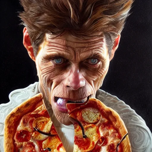 Image similar to ultra realistic illustration of willem dafoe eating pizza, intricate, highly detailed, digital painting, artstation, concept art, sharp focus, illustration, art by artgerm and greg rutkowski and alphonse mucha