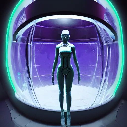 Prompt: slimy alien girl trapped inside a large transparent science fiction mass effect glass containment chamber filled with liauid in a furnished science fiction spaceship laboratory, dramatic lighting, octane, trending on artstation, volumetric lighting