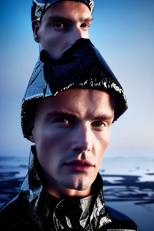 Image similar to an ultra high definition professional high fashion portrait studio full length photograph of a male model wearing a transparent pearlescent raincoat and neon visor in an icelandic black rock environment at dawn. no artefacts. extremely detailed. stark. refraction. shallow depth of field. volumetric light and shadow. ray tracing. light rays.