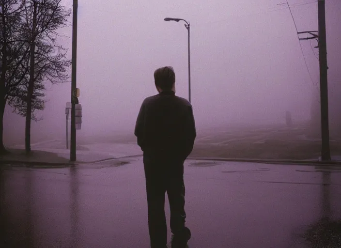Image similar to kodak portra 4 0 0, photographic of a sad boys in the style of gregory crewdson, high detail, suburb, night, fog, rain