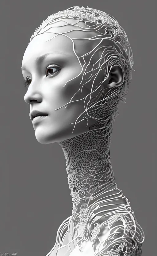 Image similar to complex 3d render of a beautiful porcelain profile woman face, vegetal dragon cyborg, 150 mm, beautiful natural soft light, rim light, silver details, magnolia leaves and stems, roots, fine lace, maze like, mandelbot fractal, anatomical, facial muscles, cable wires, microchip, elegant, highly detailed, white metallic armour, octane render, black and white, H.R. Giger style