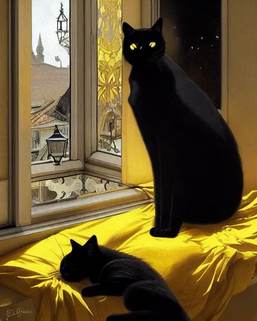 Prompt: Portrait of a giant black cat with yellow eyes looking at a sleeping blonde lady through a window in Lisbon, real life skin, intricate, elegant, highly detailed, artstation, concept art, smooth, sharp focus, art by artgerm and greg rutkowski and alphonse mucha