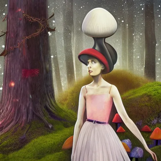 Image similar to Portrait of a thin girl in full height, elegant pose, a huge toadstool hat on her head, large eyes without a pupil ,he girl is standing on the edge of the forest, surrounded by colorful sparkling moss