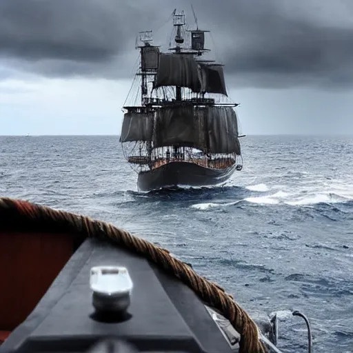 Image similar to jack sparrow on the black pearl looking out on an endless dark ocean with an ominous thunder cloud coming towards to the ship