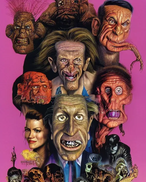 Image similar to movie poster for ( 1 9 8 9 ) ( hyperreal detailed facial features and uv lighting, art by ed roth, frank frazetta, glenn fabry and basil wolverton, purple accents directed by david cronenberg )