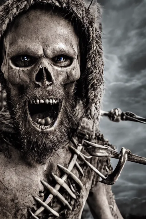 Image similar to realistic photograph of a skeleton viking man in the middle of battle, highly detailed, cinematic, portrait, close - up,