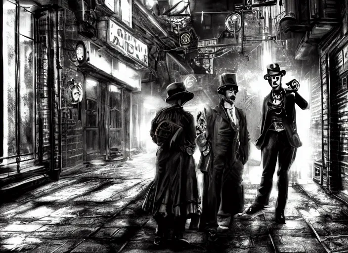 Prompt: people arguing in a film noir steampunk alley, psychedelic, fine texture, detailed, dramatic lighting, dark, neon