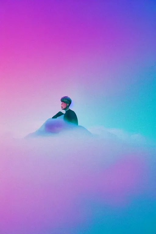 Image similar to high quality pastel coloured film close up wide angle photograph of justin bieber wearing clothing swimming on cloud furniture in a icelandic black rock environment in a partially haze filled dreamstate world. three point light, rainbow. photographic production. art directed. pastel colours. volumetric clouds. pastel gradient overlay. waves glitch artefacts. extreme facial clarity. 8 k. filmic.