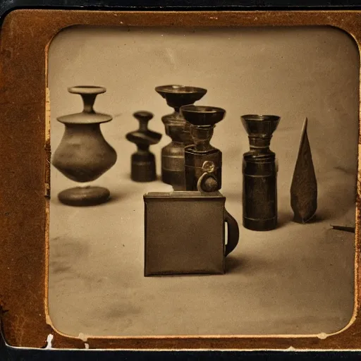 Prompt: Tintype photograph of primitive objects displayed in an ethnographic museum, archive material, anthropology,in the style of Marcel Duchamp, 1920s studio lighting.