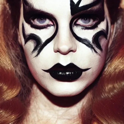 Prompt: photo of lana del rey wearing black metal face paint, vogue magazine, highly realistic