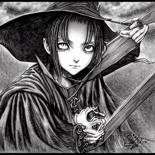 Prompt: young witch by kentaro miura, yoshitaka amano