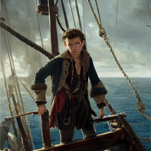 Image similar to tom holland as a pirate, standing on the mast, fine face, face focused, fine detailed face, long hair, realistic shaded lighting poster by greg rutkowski, cinematic lighting, sharp focus, highly detailed attributes and atmosphere