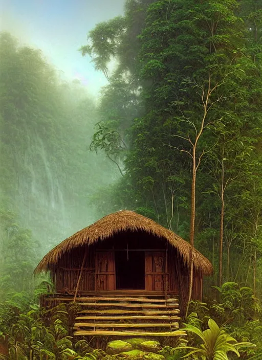 Image similar to a beautiful painting of a small and simple indigenous hut lost deep in the amazon jungle near a river, matte painting, art by christophe vacher