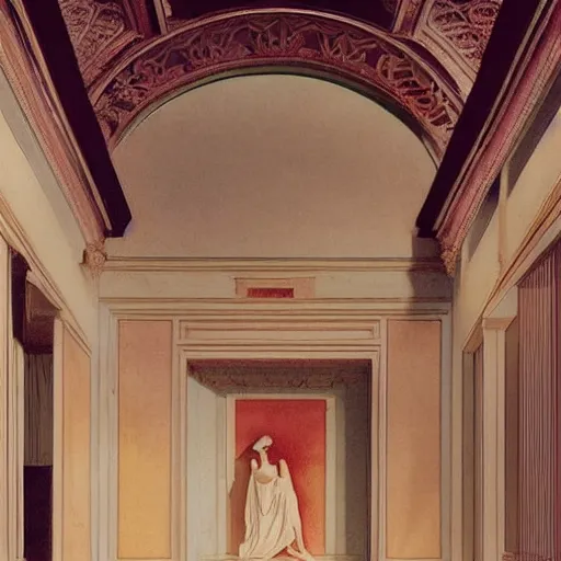 Prompt: a goddess in a liminal room, vintage colored photography by canova and leon battista alberti, limited color palette, very intricate, art nouveau, highly detailed, lights by hopper, soft pastel colors, minimalist