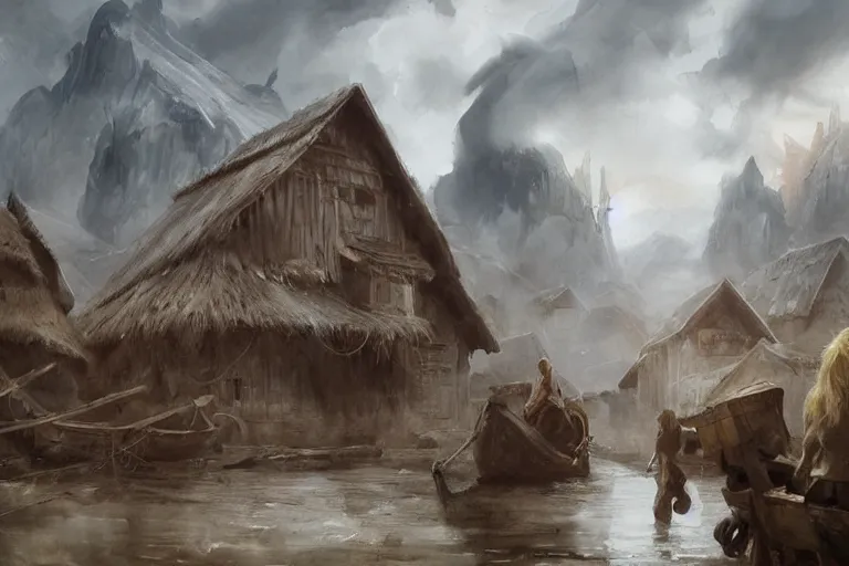 Image similar to paint brush strokes, abstract watercolor painting of rustic village, thor arrival to ragnarok, mysterious mythology, medieval straw roof, scandinavian viking age, fog, ambient lighting, art by hans dahl, by jesper ejsing, art by anders zorn, wonderful masterpiece by greg rutkowski, cinematic light, american romanticism by greg manchess, creation by tyler edlin