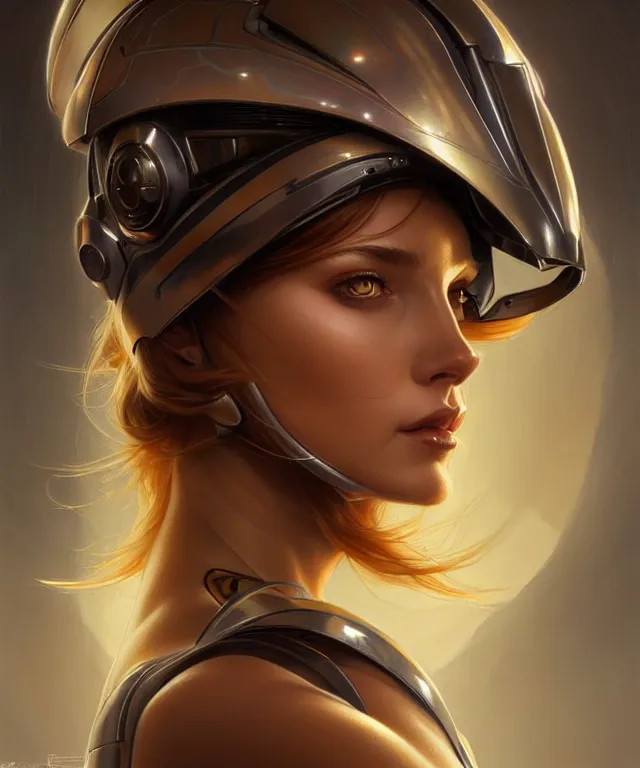 Image similar to futuristic woman in helmet portrait, sci-fi, amber eyes, face, long hair, fantasy, intricate, elegant, highly detailed, digital painting, artstation, concept art, smooth, sharp focus, illustration, art by artgerm and greg rutkowski and alphonse mucha