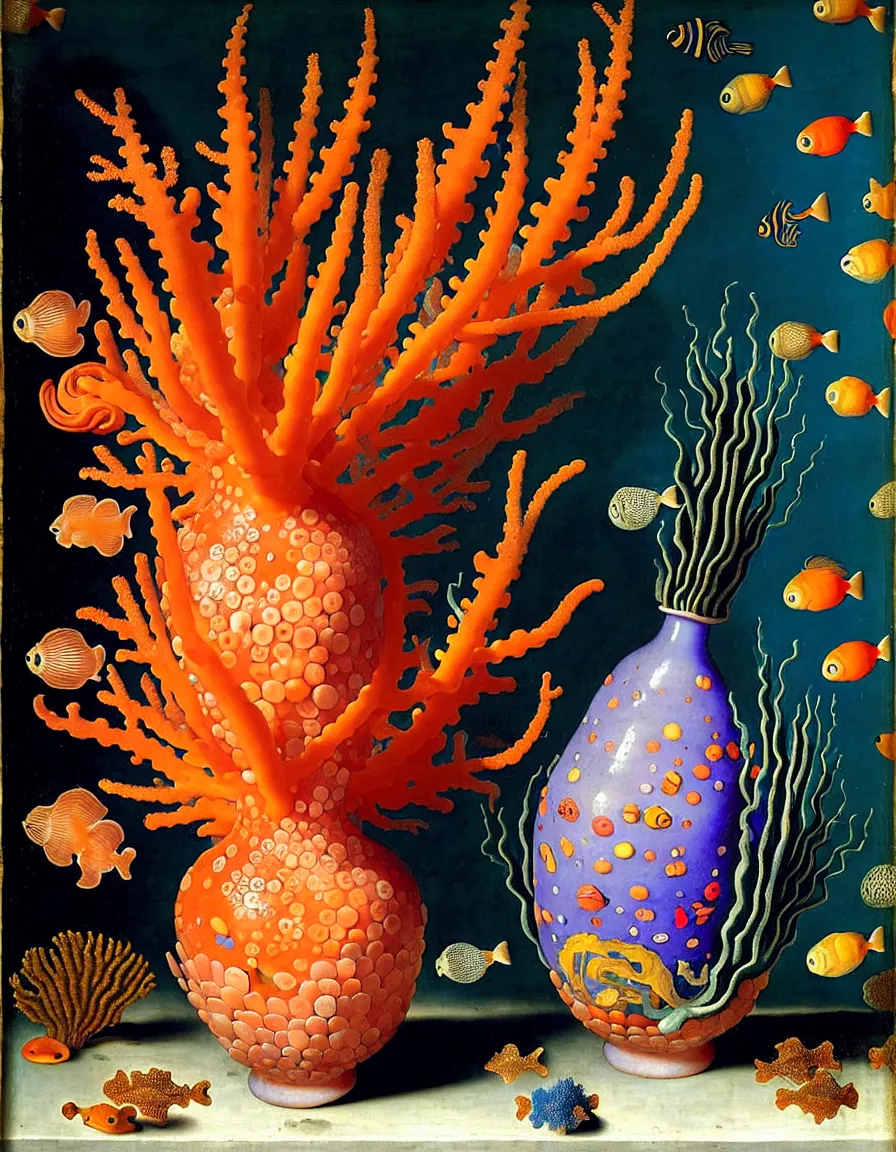 Image similar to bottle vase of coral under the sea decorated with a dense field of stylized scrolls that have opaque outlines enclosing mottled blue washes, with orange shells and purple fishes, ambrosius bosschaert the elder, oil on canvas, surrealism
