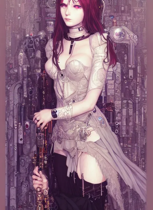 Image similar to portrait of beautiful young gothic maiden, cyberpunk, Warhammer, highly detailed, artstation, illustration, art by Gustav Klimt and Range Murata and Ilya Kuvshinov