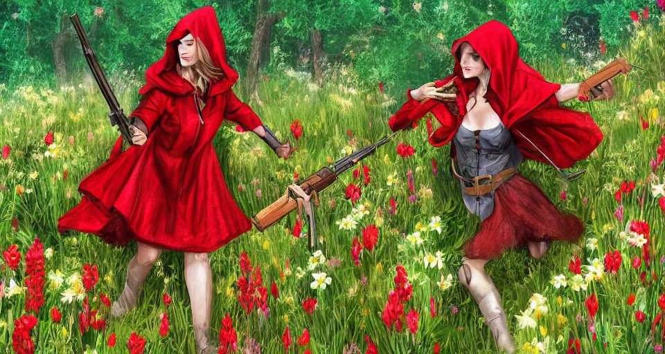 Image similar to Red Riding Hood fighting off the Big Bad Wolf with a rifle in a field of flowers, digital painting, detailed