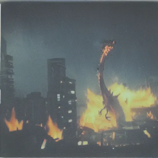 Image similar to polaroid photo of a fire breathing dragon destroying tokyo.