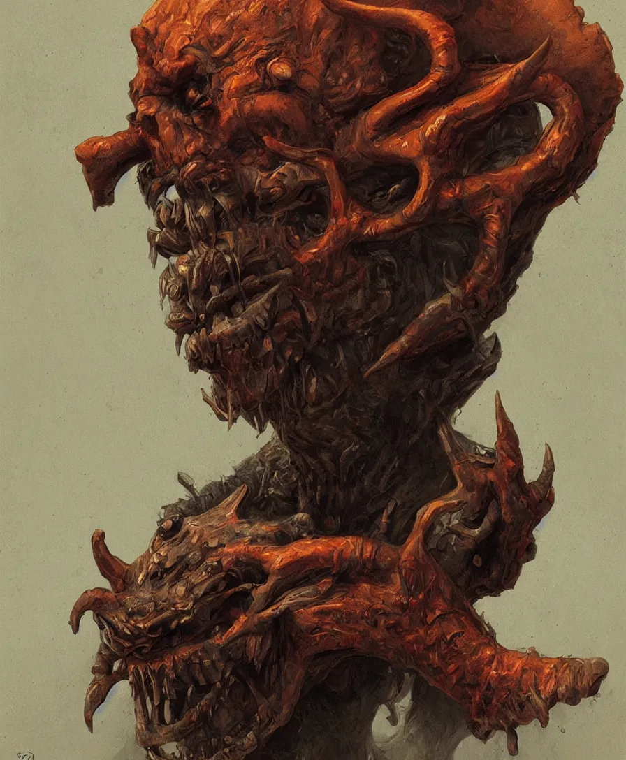 Image similar to bust portrait close up devil holding skull on hand, illustrated by Simon Stålenhag and Gaston Bussiere, intricate, ultra detailed, photorealistic, trending on artstation